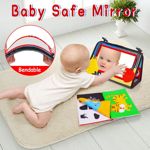 Tummy Time Baby Mirror Infant Toys Newborn Toys 0 3 Months Brain Development with Crinkle Cloth Book and Teether Black and White High Contrast Bab...