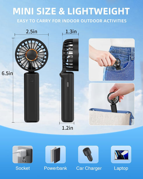Portable Handheld Fan, Mini Desk Fan Foldable 2000mAh, 180° Ratotion, 3 Speeds, Ultra Quite, Up to 8H Long Use Time, Small Personal Cooling Fans M...