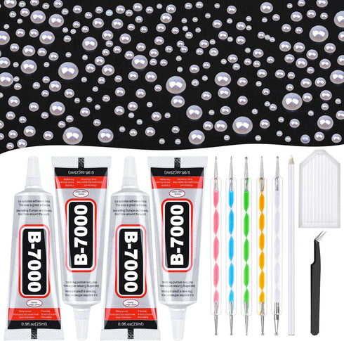 B-7000 Clear Rhinestone Glue and Flat Back Pearls for Craft, Shynek 4Pcs 25ML Crystal Jewelry Glue with 10000PCS AB White Pearl Rhinestones for Tu...