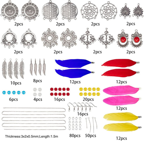SUNNYCLUE 1 Box DIY 8 Pairs Bohemia Colorful Long Feathers Dangle Hook Earring Making Kit Jewelry Findings Making Crafts for Women, Antique Silver...