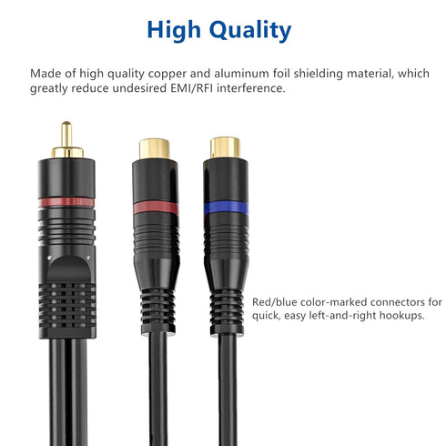 RCA Splitter, 2 Pack RCA Male to Dual RCA Female Y Splitter Cable Stereo to Mono Adapter, 8 Inches Gold Plated Audio Cable Cord for Subwoofer Spea...