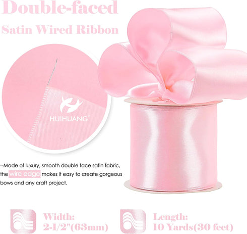 HUIHUANG Pink Satin Wired Ribbon 2.5 inch Light Pink Double Sided Satin Wire Ribbon for Easter Bows, Gift Wrapping, Wreaths, Garland, Home Decor, ...