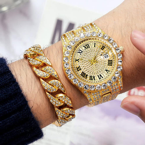 Mens Ice Out Watches Big Rocks with Roman Numerals Fully Colorful Dial Gold Watch...