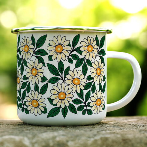 Floral Daisy Enamel Camping Coffee Mug, Nature Flowers Botanical Gift Cup for Friend Coworker Women Mom Daughter (12oz)...