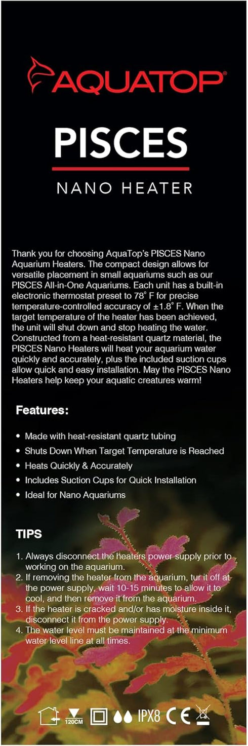 Aquatop 25W Pisces Nano Heater - Fully Submersible for Nano Fish Tanks Up to 8 Gallons, Preset 78F Electric Thermostat, Heat-Resistant Water Heate...
