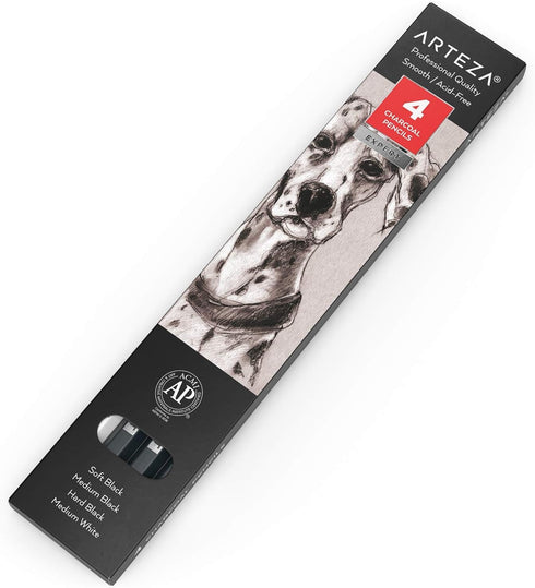 ARTEZA Charcoal Pencil Set, 3 Black Pencils – Soft, Medium, and Hard, and 1 White Pencil – Medium, Art Supplies for Drawing, Sketching & Shading...