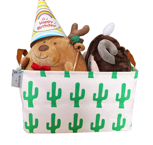Square Canvas Toy Storage Bins Basket with Handle Collapsible Toy Organizer for Nursery Storage, Kid's Toy & Laundry, Gift Baskets(Green Cactus)...