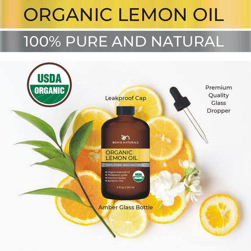 Organic Lemon Essential Oil - Huge 4 FL OZ - 100% Pure & Natural – Premium Natural Oil with Glass Dropper (Lemon Oil)...
