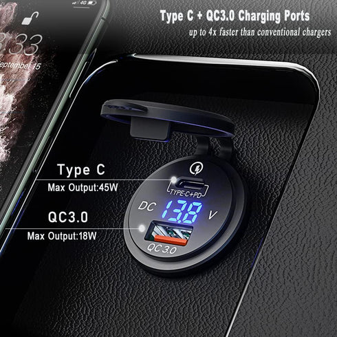 GemCoo 63W USB C Car Charger Socket, 45W PD Outlet 18W Quick Charge 3.0 USB Charger Socket, USB Cigarette Lighter Socket with LED Voltmeter Car US...