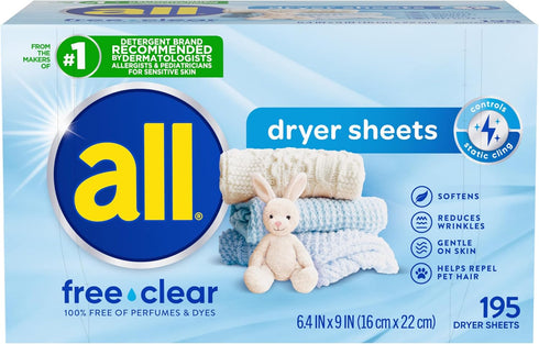 all Fabric Softener Dryer Sheets for Sensitive Skin, Free Clear, 195 Count...