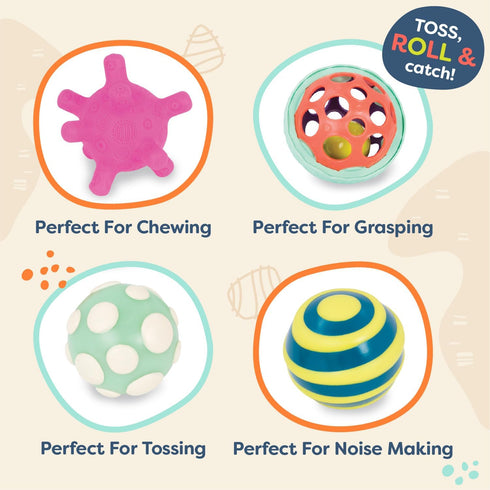 B. toys- B. baby- 4 Sensory Balls – Baby Toys – Developmental Play – Rubber Balls with Textures, Sounds, Lights – Ball-a-baloos- 6 Months +...
