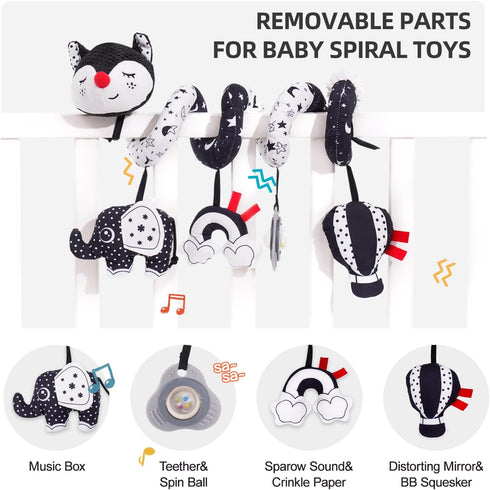 Koty Car Seat Toys, Infant Baby Spiral Plush Activity Hanging Toy for Stroller Bar Pram Crib with Music Box BB Squeaker & Rattles(Black Fox)...