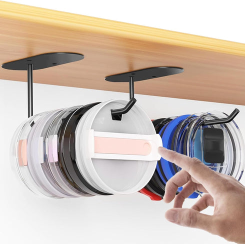 2 Packs Tumbler Lid Organizer Self-Adhesive or Drilling Under Cabinet Cup Lid Hook Organizers Tumbler Lid Hanger for Kitchen Organizers and Storag...