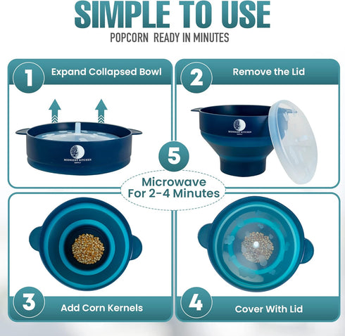 Silicone Popcorn Popper | microwave popcorn | dishwasher safe popcorn popper | air popper | popcorn bowl | 2-4 minute homemade popcorn | microwave...