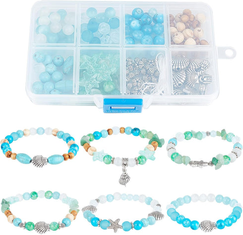 SUNNYCLUE 1 Box 6 Set Ocean Bracelet Making Kit Summer Hawaii Bracelets Ankles Sea Animal Beads Blue Glass Beads Sea Shells for Jewelry Making Kit...