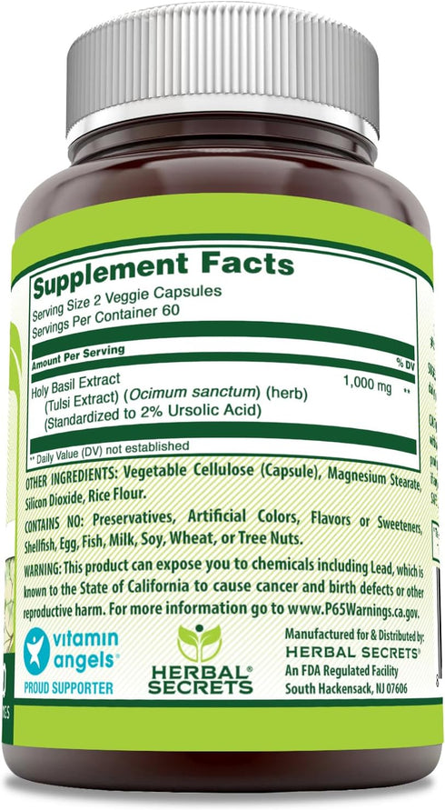 Herbal Secrets Holy Basil Supplement | 1000 Mg Per Serving | 120 Veggie Capsules | Non-GMO | Gluten Free | Made in USA...