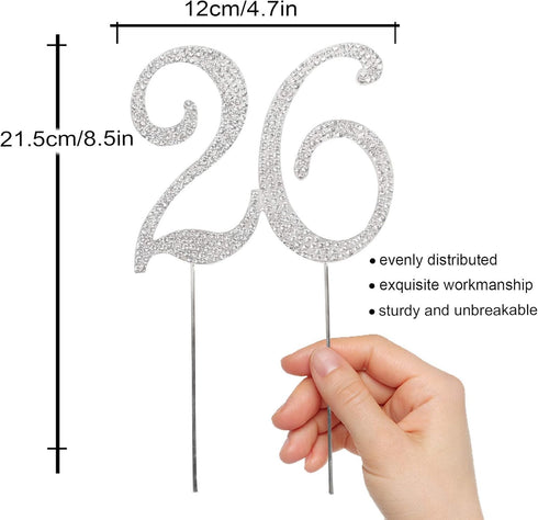 26 Years Birthday Cake Topper - New Best Crystal Rhinestone 26th Wedding Anniversary Or 26 Years Old Cake Topper Party Decoration Silver...