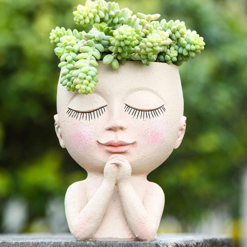 Cute Succulent Planter - Face Planter Flower Pot - Kawaii Head Planters -Unique Outdoor Indoor Planter - with Drainage Hole - (Doll Blessing)...