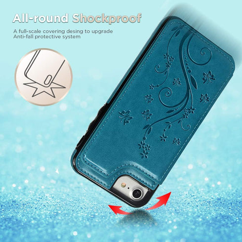 Compatible with iPhone 7 & 8 (4.7 inch) Flip Case, Blue Synthetic Leather Butterfly Embossed Kickstand Card Holder Wallet Case with Credit Card Sl...