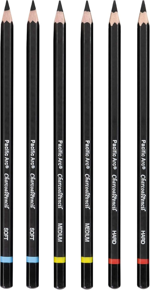 Pacific Arc Premium Charcoal Drawing Pencils for Artists - 6 Pieces Soft Medium and Hard - Charcoal Pencils for Drawing, Sketching and Shading - G...