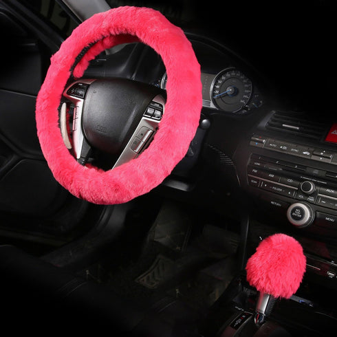 2 Pcs Furry Car Steering Wheel Cover with Fluffy Gear Shift Cover Soft Warm Non-Slip Car Decoration for Women Girls (Pink)...