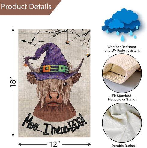 Louise Maelys Halloween Highland Cow Garden Flag 12x18 Double Sided, Burlap Small Welcome Boo Halloween Witch Hat House Flags Seasonal Holiday Out...