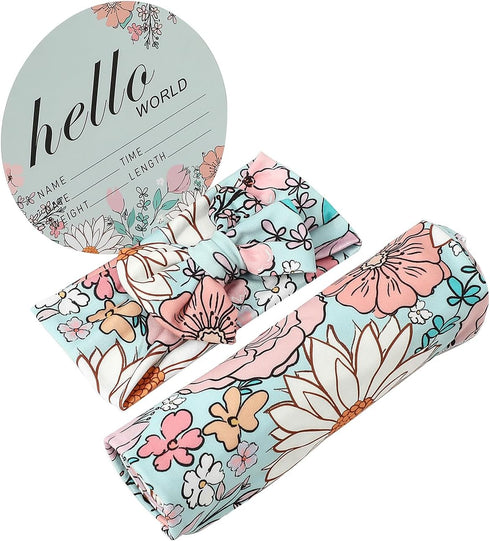 Galabloomer Newborn Receiving Blanket Headband Set Baby Flower Swaddle (blue glass)...