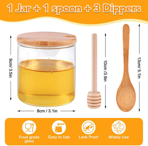 Honey Pot with Honey Sticks, Glass Honey Dispenser, One Honey Dipper and Three Honey Sticks Set 10 Oz, Honey Dispenser no Drip Glass, Honey jar, H...
