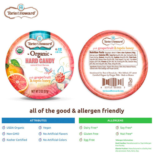 Torie and Howard Organic Hard Candy Tin, Pink Grapefruit and Tupelo Honey, 2 Ounce...