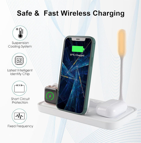 Lamp with Wireless Charger, 4 in 1 Wireless Charging Station Compatible with iPhone/Samsung/Other Qi-Enabled Phones, and AirPods 2/Pro, Wireless C...