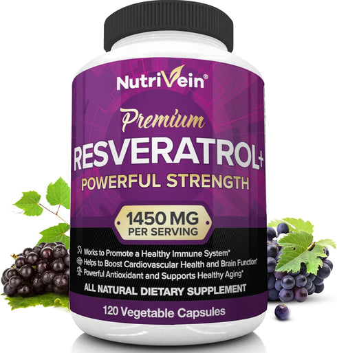 Nutrivein Resveratrol 1450mg - Antioxidant Supplement 120 Capsules – Supports Healthy Aging & Promotes Immune, Brain Boost & Joint Support - Made ...