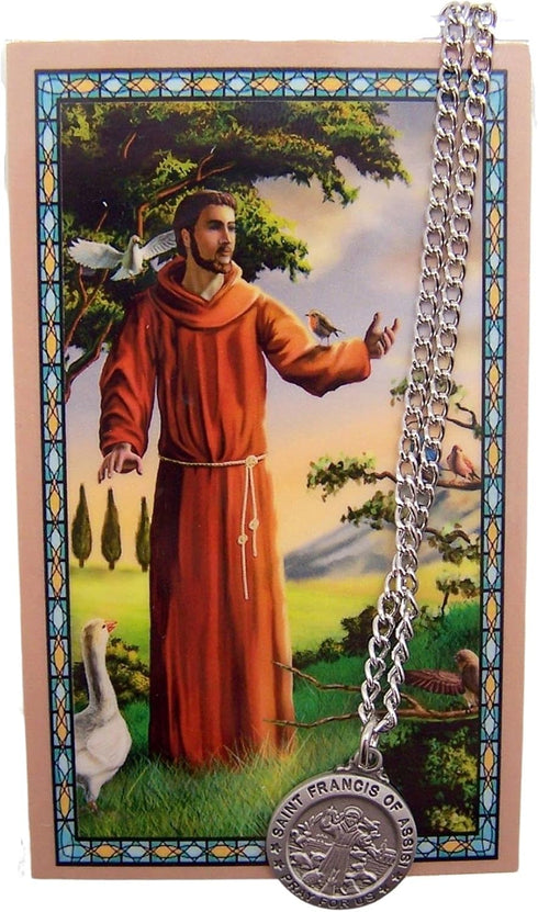 St. Francis of Asssisi Pewter Medal Pendant with Prayer Card 3/4"...