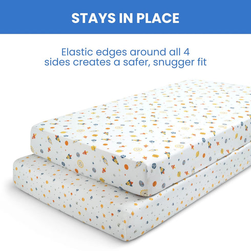 Delta Children Fitted Crib Sheets for Girls and Boys - Crib Sheet for Standard Crib and Toddler Mattresses - 28x52 Inch (Pack of 2), Space Explora...