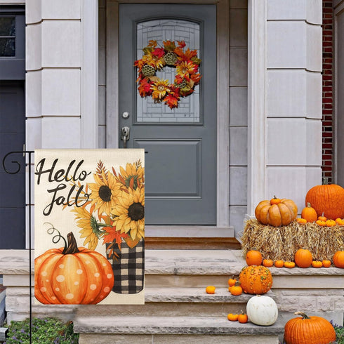 Hello Fall Pumpkin Garden Flag Vertical Double Sided 12x18 Inch Small Yard Flag Thanksgiving Autumn Burlap Yard Seasonal Holiday Outdoor Decor...