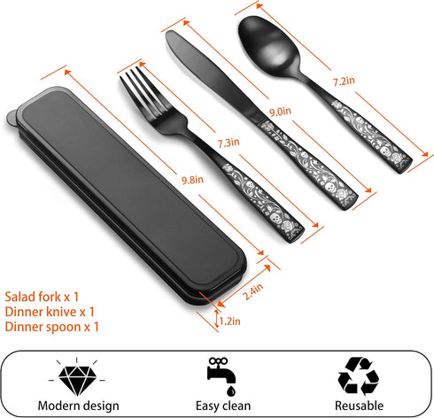 Portable Travel Utensils Set with Case, Reusable Camping Silverware, 18/0 Stainless Steel Flatware for Adult Work Lunch Picnic Unique Skull Rose, ...