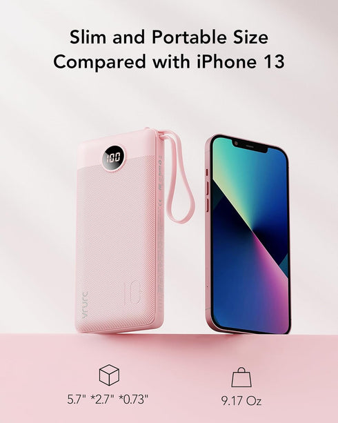 VRURC Portable Charger 10000mAh, Slim LED Display Power Bank, 5 Output 2 Input Cell Phone Battery Pack, Built-in Micro & USB C Cables Phone Charge...