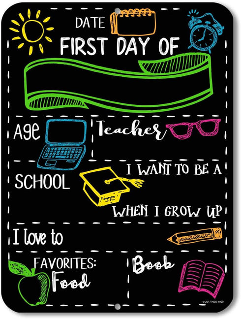 Chalkboard Style First Day of School Photo Prop Tin 9 inch by 12 inch Sign - Reusable Easy Clean Back to School - Customizable with Liquid Chalk M...