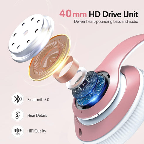 9S Over Ear Bluetooth Headphones, 60 Hours Playtime, Hi-Fi Stereo, Deep Bass, Microphone, Foldable, Rose Gold...