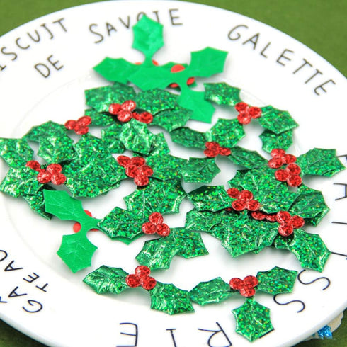 100 Pack Christmas Holly Leaves and Berries Appliques Laser Confetti Fabric Embellishment for Tree, Stocking, Scrapbook, Wreath, Cards Decorations...