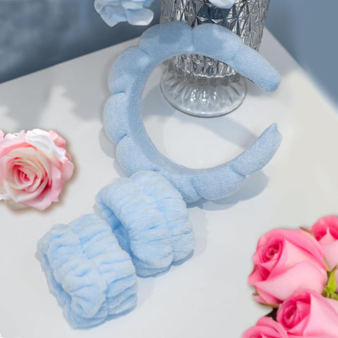 Spa Headband for Washing Face, Sponge Makeup Skincare Headband & Wristband Set Non Slip Headbands Soft Puffy Headwear Hair Accessories for Women G...
