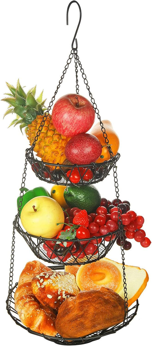 3 Tier Hanging Basket with Sturdy Metal Chain Hanging Hooks Fruit and Vegetable Basket Heavy Duty Wire Organizer Space Saving Rustic Country Style...