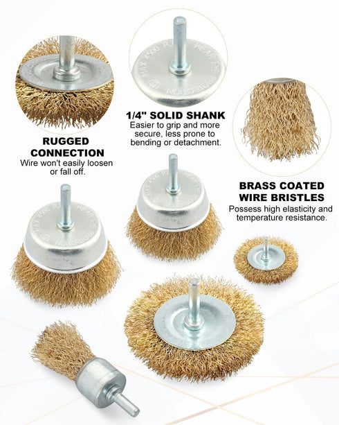 Wire Wheel Cup Brush Set, 7 Pcs Abrasive Brass Coated Wire Wheel Brushes, 1/4" Shank, Carbon Steel Bristles for Cleaning Rust, Paint, Abrasive...