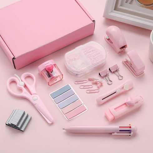 Pink Mini Office Supply Kit Mini School Supplies Desk Accessory Set Includes Mini Stapler Pencil Sharpener Staple Remover Hole Punch Ballpoint Pen...