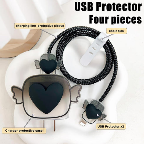 Cute Cable Protector for iPhone Charger with Angel Wings Design, Love Heart Pattern Data Line USB Cover Cord Saver Lightning Cable Case for iPhone...