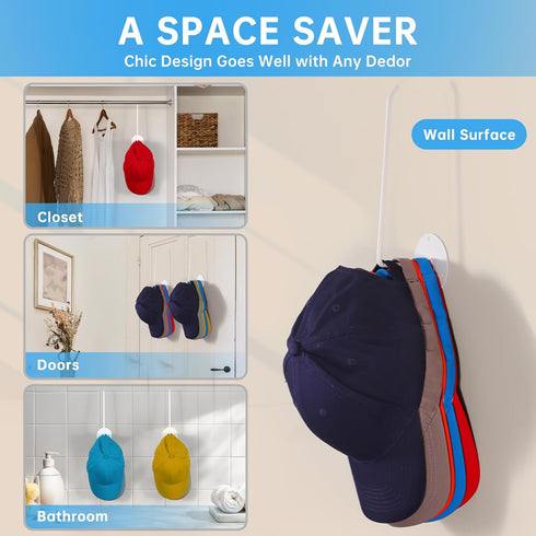 Hat Rack for Wall 2 Pack, Stainless Steel Adhesive Hat Hanger Hooks Holder for Baseball Caps, Multi-Purpose Strong Hook Organizer Can Hold More Th...