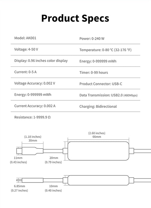 Power-Z AK001 Multi-Function 240W USB PD Charging Test Cable with Color Display Compatible with USB-C Devices (1.5M/5FT)...