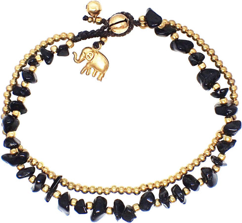 Handmade Black Obsidian Stone Elephant Charm Brass Beads Anklets Bracelet 10 Inches...