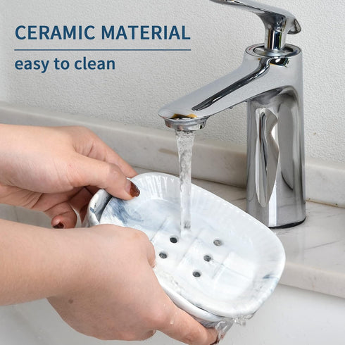 Ceramic Soap Dish, Self-draining Soap Holder, Double Layer Bar Soap Holder Marble Blue, Draining Soap Dishes for Bathroom Shower Kitchen, Easy to ...