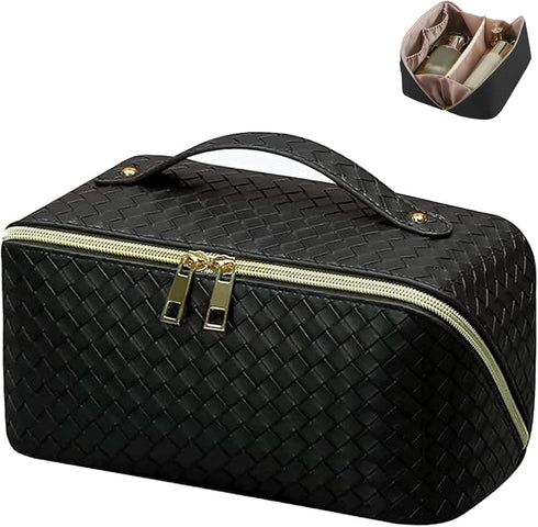 Travel Cosmetic Bag Large Capacity Make Up Bag PU Leather Waterproof Portable with Handle and Divider Multifunctional Bag (Black-braid)...