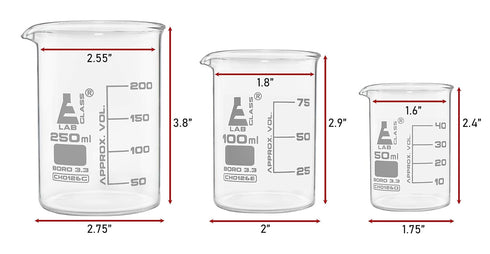EISCO Premium 3pc Glass Beakers Set, 50mL, 100mL, 250mL - Low Form Lab Beakers - Borosilicate 3.3 Glass - Packaged in Thick, Custom-Fit Foam Inser...